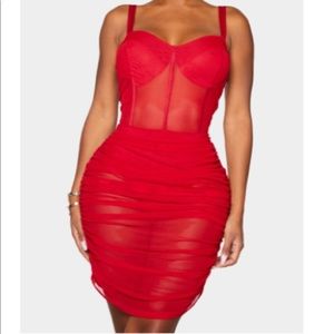 Shape Red Mesh Cup Detail Binding Bodycon Dress